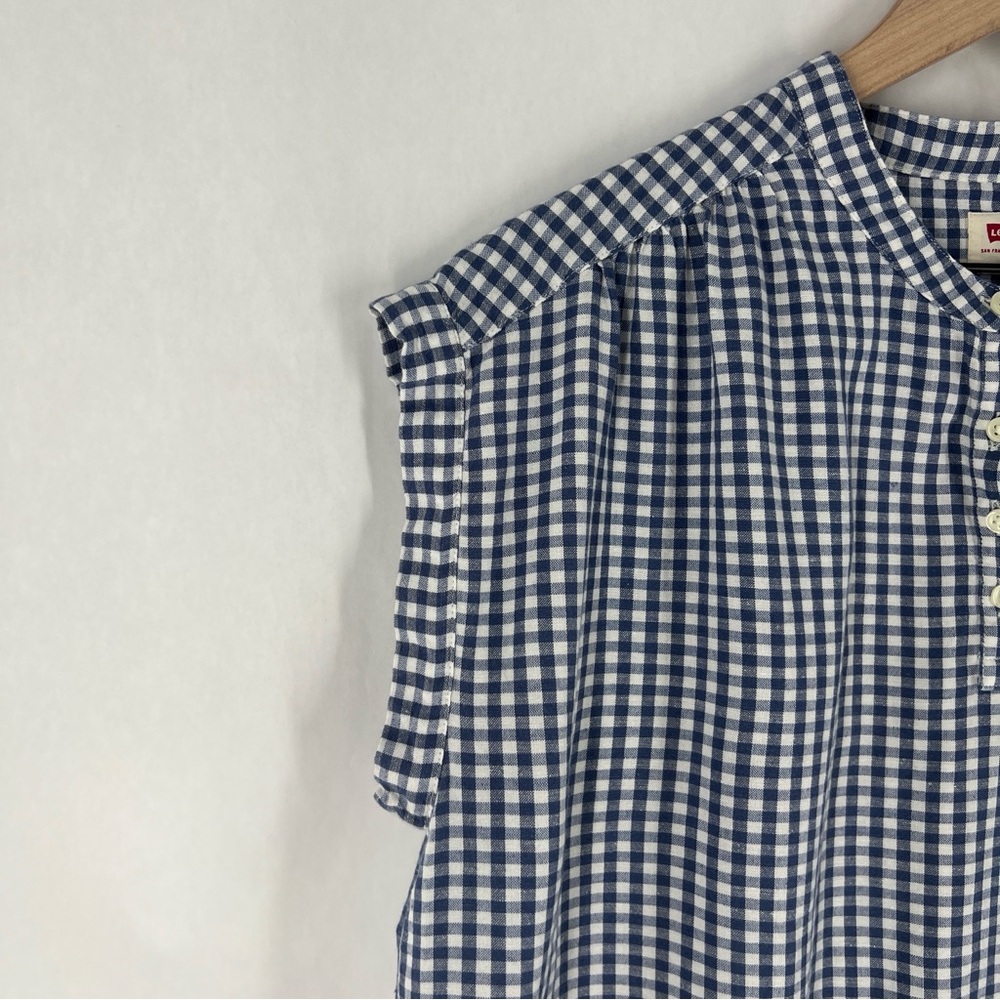 Levi's Blue Gingham Checkered Boxy Cap Sleeve Mandarin Collar Top Size L - Picture 4 of 11